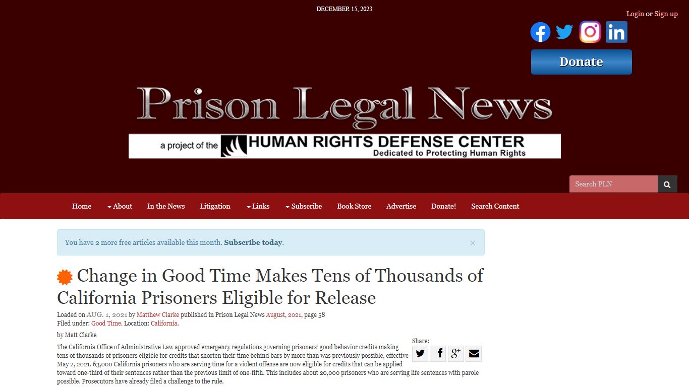 Change in Good Time Makes Tens of Thousands of California Prisoners ...